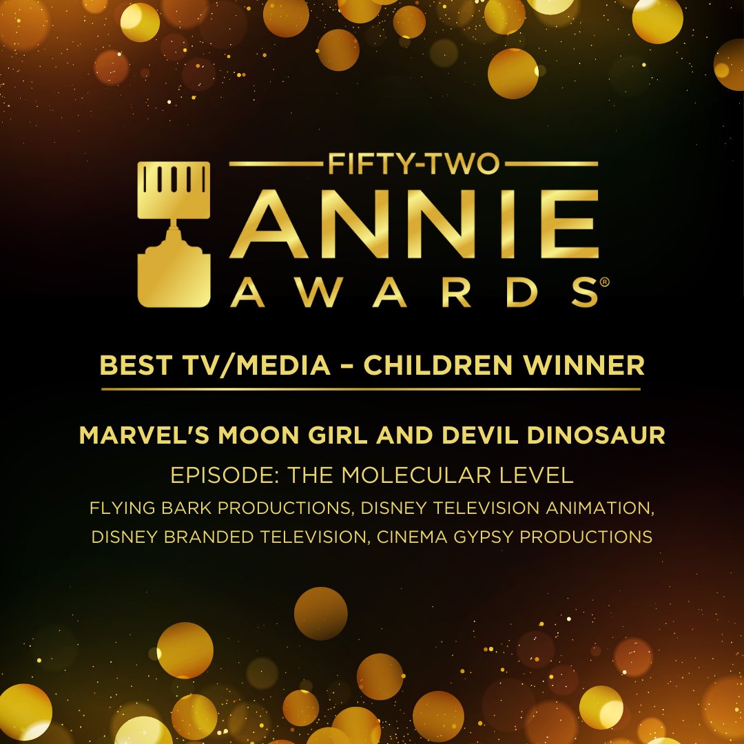 And the Annie Award for Best TV/MEDIA - CHILDREN goes to Marvel's Moon Girl and Devil Dinosaur (Episode: The Molecular Level)! To learn more, visit annieawards.org

#annieawards #52ndannieawards