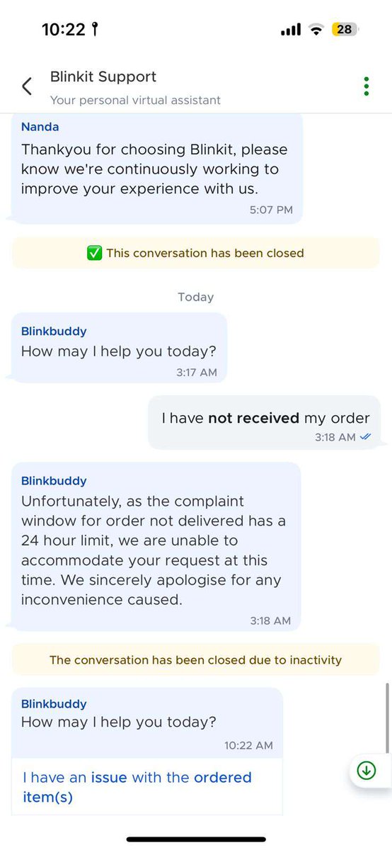 shivoy_23's tweet photo. @letsblinkit @zomato I didnt recieve my order but it got delivered. The order id is ORD954315521 and number registered 8800894252chat support didnt help between the 24 hr window and now showing this. Please look into it asap and either refund my amount back or deliver the product https://t.co/YCU6ptHIhn