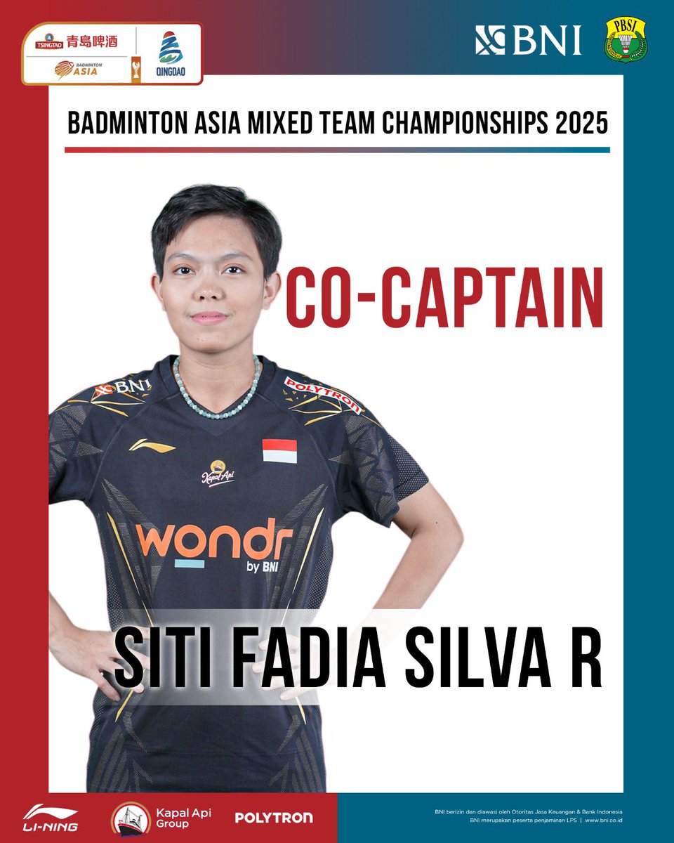 Ayo bertemu kapten tim Indonesia di Badminton Asia Mixed Team Championships 2025.

Rinov Rivaldy dipilih untuk memimpin skuad Merah-Putih di Qingdao. Rinov akan dibantu Siti Fadia Silva Ramadhanti sebagai wakil kapten.

Selamat bertugas, capt! Ayo bawa tim ini ke prestasi