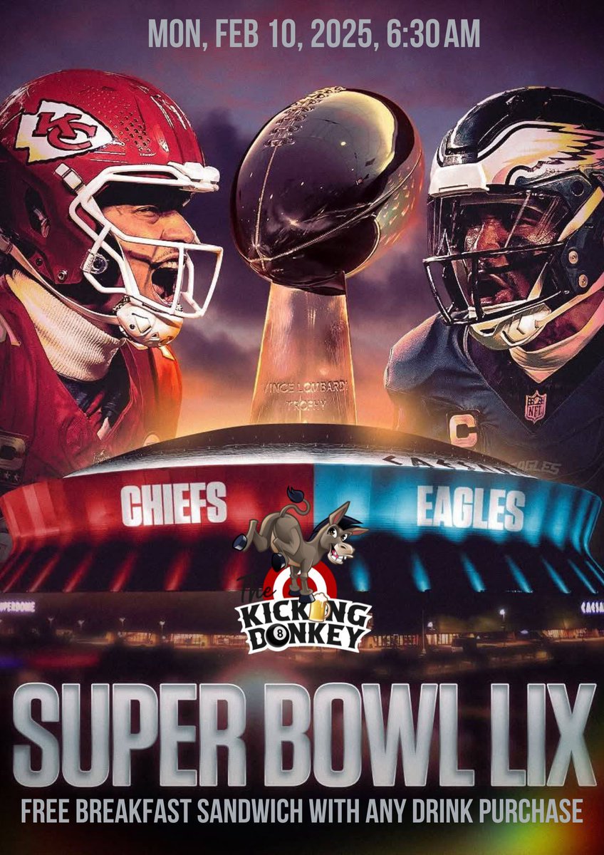 KickingDonkeyBK's tweet image. 🏈 Super Bowl Madness at The Kicking Donkey! 🎉
We’re open at 6 AM! Get a FREE breakfast sandwich with your first drink 🍺 + killer pool &amp;amp; halftime prizes 🎯 #SuperBowlParty #EarlyBird #GameDayFun