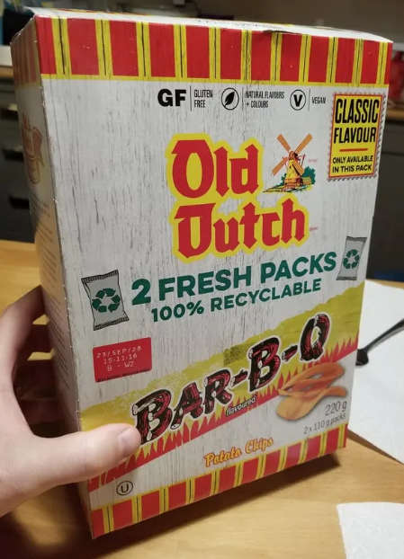 DegenApeDev's tweet photo. @CanadaGoose911 Old Dutch chips used to come in a box with 2 bags inside.. https://t.co/9D6ZbdCZG3