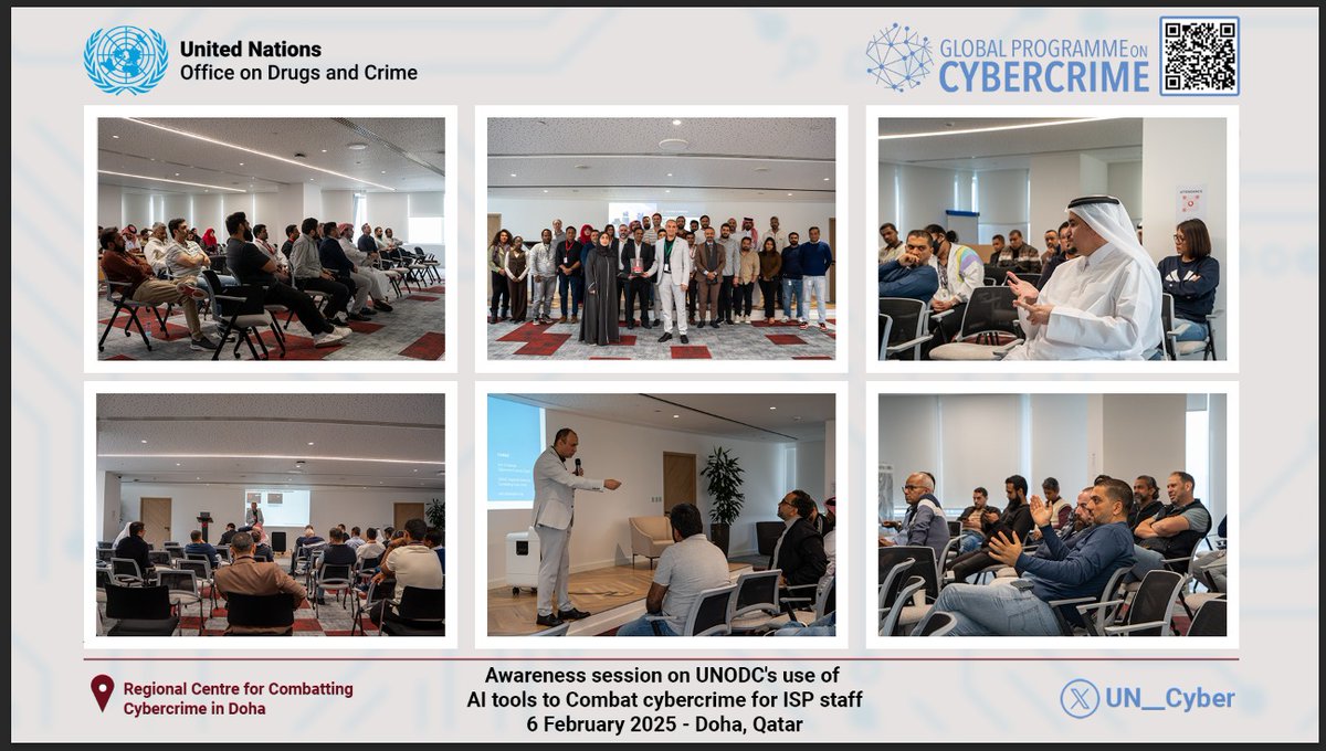 Global Programme on Cybercrime (@un__cyber) on Twitter photo Doha, 🇶🇦, 6 Feb 2025 | #CyberDohaCentre delivered 2⃣ awareness sessions on the <a href="/UNODC/">UN Office on Drugs & Crime</a>'s role in using #AI to support countries in combatting cybercrime for 6⃣1⃣ <a href="/VodafoneQatar/">Vodafone Qatar</a> staff.
#ISPs play a crucial role in preventing and combatting cybercrime. #Cooperation #PPP 🤝🇺🇳. Doha, 🇶🇦, 6 Feb 2025 | #CyberDohaCentre delivered 2⃣ awareness sessions on the <a href="/UNODC/">UN Office on Drugs & Crime</a>'s role in using #AI to support countries in combatting cybercrime for 6⃣1⃣ <a href="/VodafoneQatar/">Vodafone Qatar</a> staff.
#ISPs play a crucial role in preventing and combatting cybercrime. #Cooperation #PPP 🤝🇺🇳.