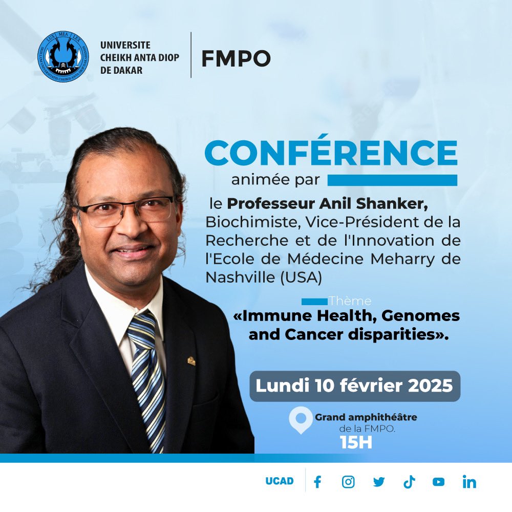 Université Cheikh Anta Diop de Dakar (@ucad_senegal) on Twitter photo #EVENEMENT
Grande conférence du Professeur <a href="/Immunoplayers/">Anil Shanker, Ph.D.</a> Biochimiste, Vice-Président de la Recherche et de l'Innovation de l'Ecole de Médecine Meharry de Nashville (USA), accompagné du Dr Amadou Gaye, chercheur sénégalais basé à Meharry.
🗓️ lundi 10 février 2025
⏰ 15H
📍 #EVENEMENT
Grande conférence du Professeur <a href="/Immunoplayers/">Anil Shanker, Ph.D.</a> Biochimiste, Vice-Président de la Recherche et de l'Innovation de l'Ecole de Médecine Meharry de Nashville (USA), accompagné du Dr Amadou Gaye, chercheur sénégalais basé à Meharry.
🗓️ lundi 10 février 2025
⏰ 15H
📍