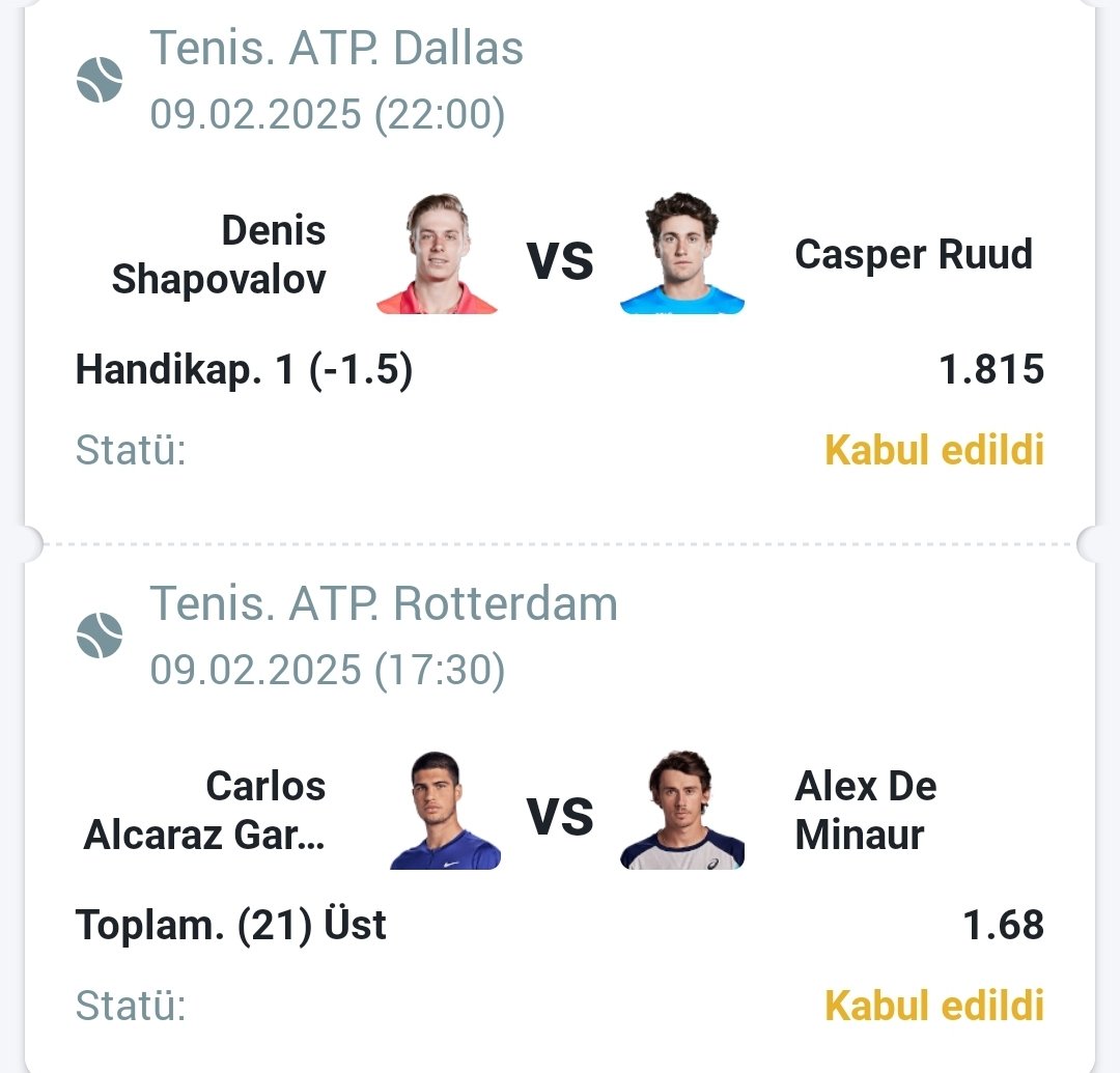 Teniste Günün Final Maçlarına Tahminlerim ve Kuponum.. 

- Alcaraz Alex maçı 21 Üst oyun olur 

- Shapalov -1,5 handikap ile maçı kazanır 

Toplam Oran ; 3,00 

Şans bizimle olsun.. Kupon kazanırsa 4 kişiye 250 şer TL Nakit ödül.. Ödül Twitter için geçerlidir.. Bu msjı beğenip