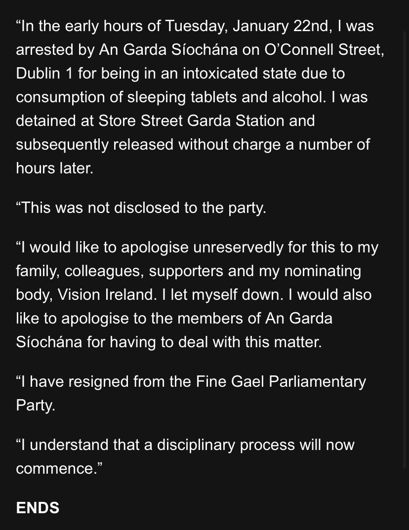 NEW: Senator Martin Conway resigns from the Fine Gael parliamentary party after confirming he was arrested on O’Connell St last month.