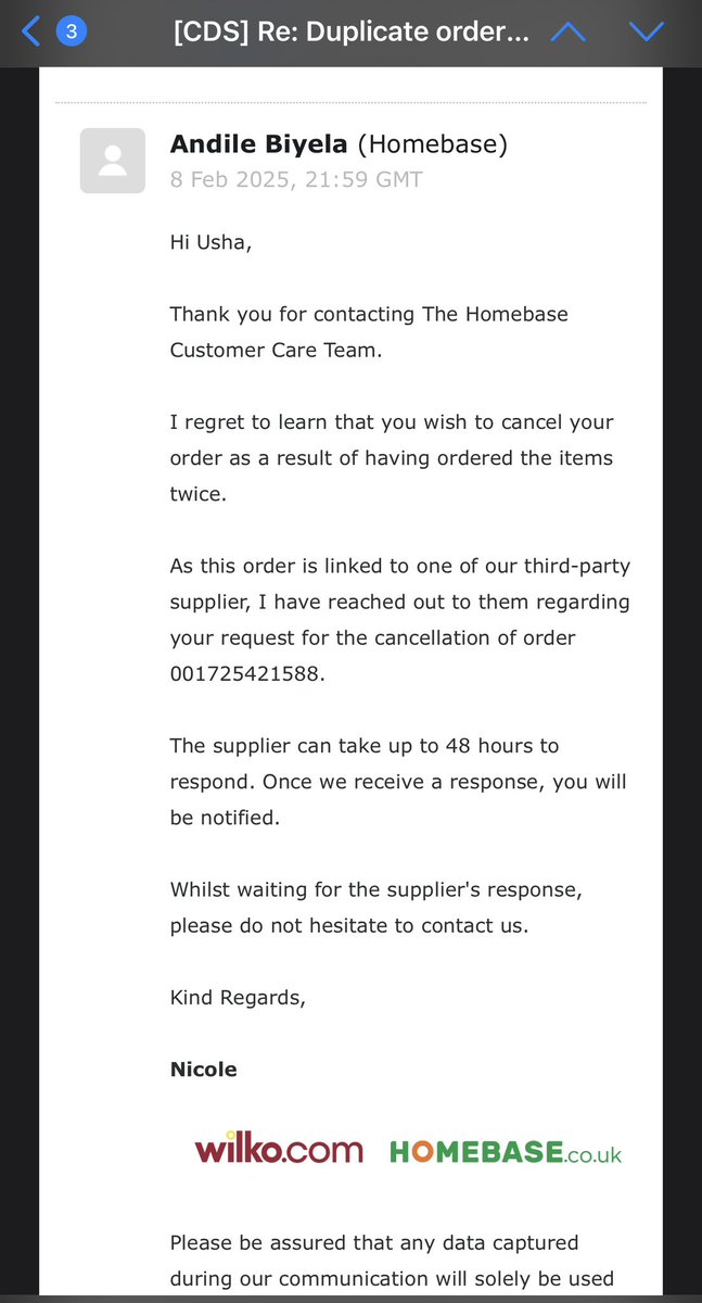 usha_93's tweet photo. @Homebase_help I placed an order twice because the website crashed and it told me to try again later. Now - two orders have gone through (order no. 001725421673 and 001725421588) and saying out for delivery. Please can you cancel one of the orders and send me a refund, thank you. https://t.co/JivT1jlWVy