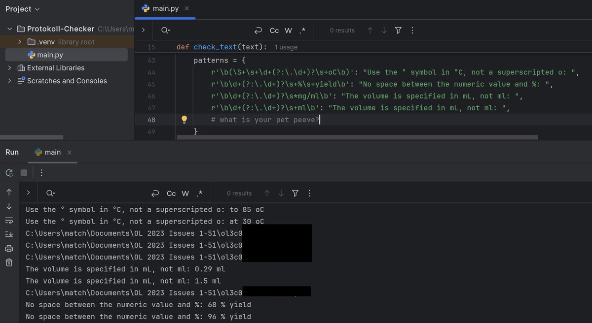 ChristmannGroup's tweet image. Lab report grading got you down? 😩 We're building an automated feedback tool! Share your pet peeves as regex in combination with a comment line.
Example: r'\b\d+(?:.\d+)?\s+ml\b' catches "ml" vs "mL"
#ChemEd #LabLife #AcademicTwitter #ChemPython
