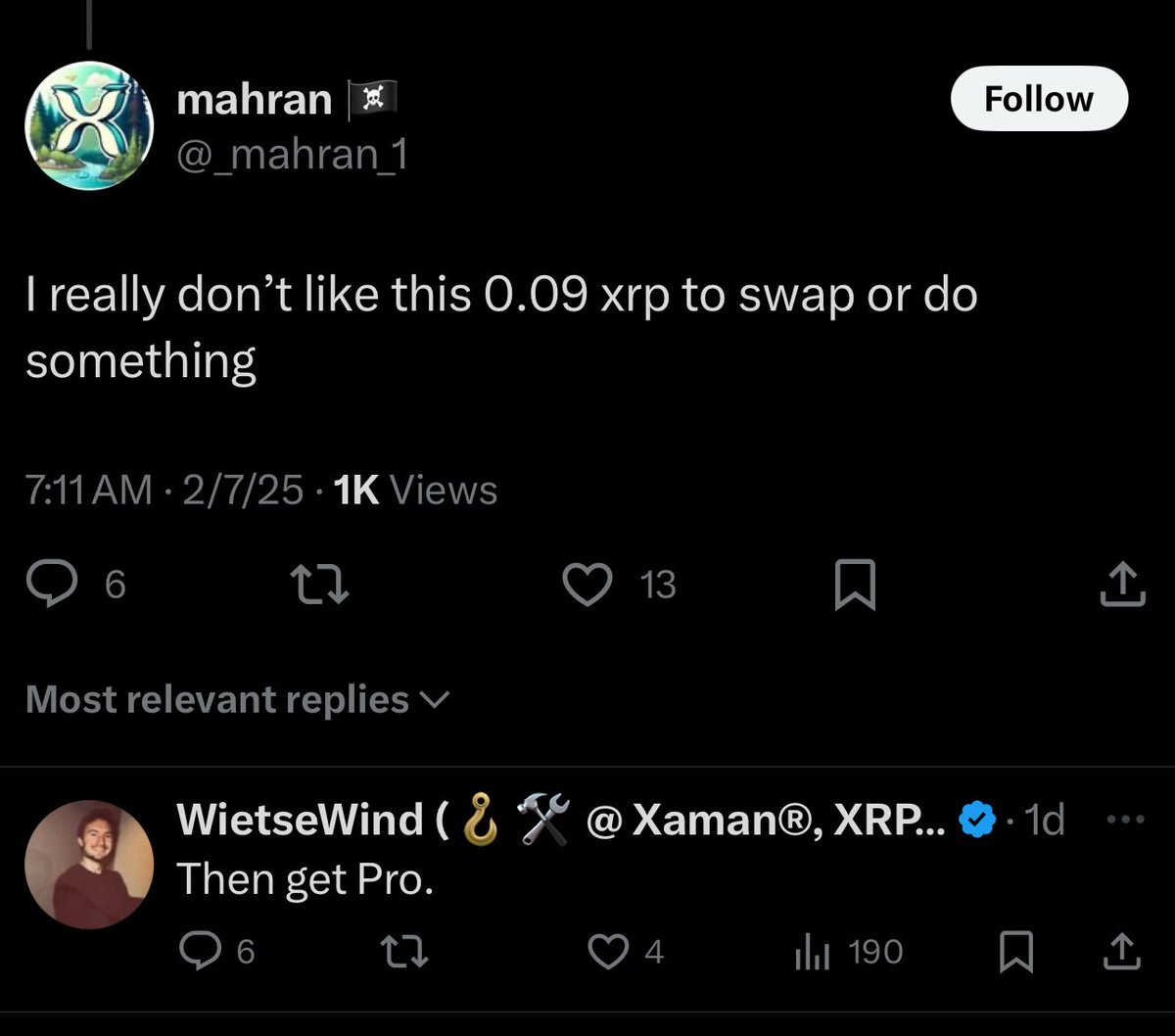 I have no fight in this <a href="/XamanWallet/">Xaman® Wallet 🪝</a> fee drama. But I don’t like this answer. Telling a user to pay for a pro version when they are already concerned about fees is lame. 

Doesn’t affect me either way. I don’t use this wallet for anything else but holding $XRP. Why are you doing