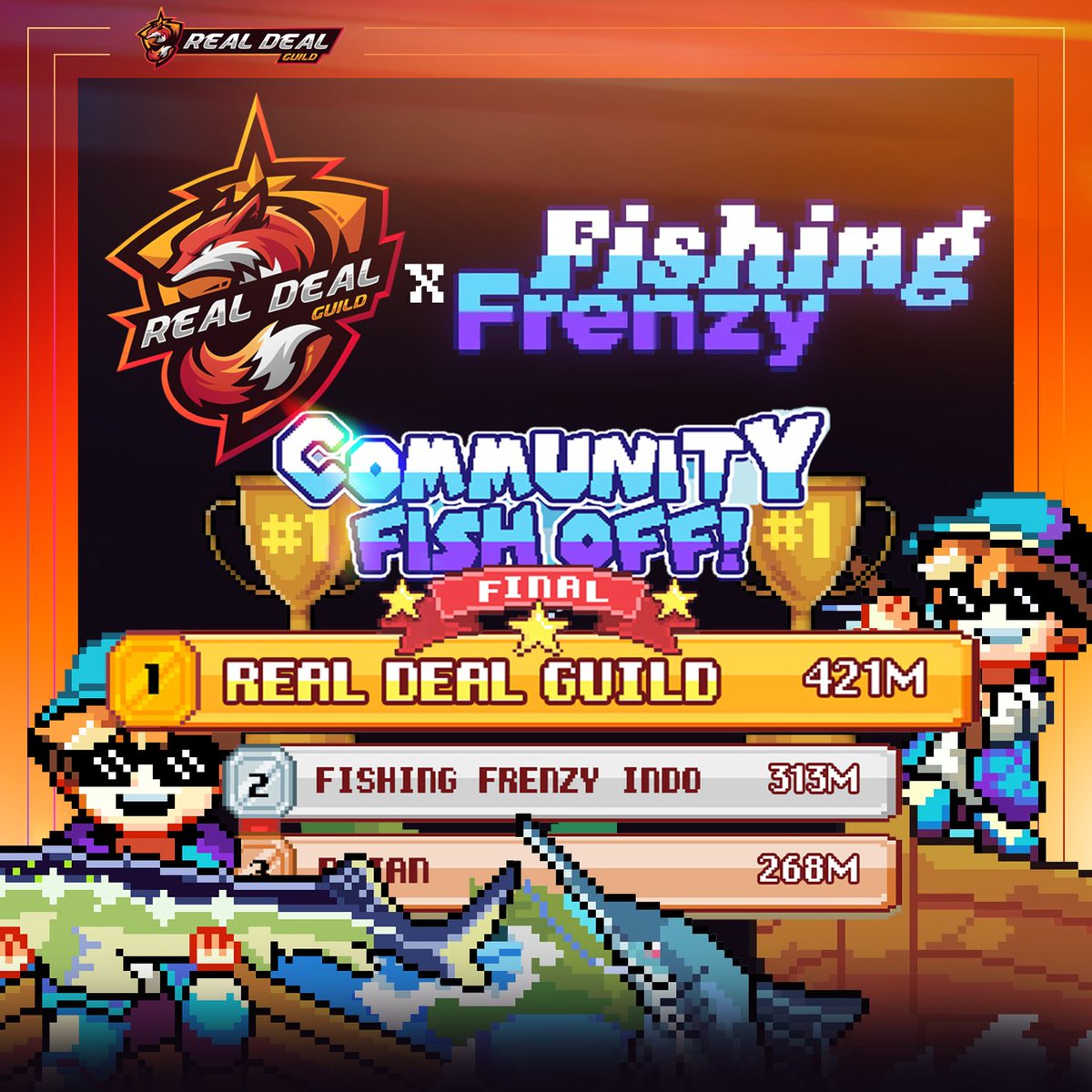 🐟 Real Deal Guild ranks #1 in the 1st-ever Community Fish-Off in @FishingFrenzy with 421M points! 🎣🏆

We made waves, but this time, we proved we’re the real deal. Congratulations, foxes! 🦊💙