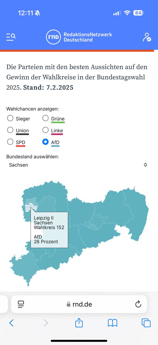 Warum erzählen <a href="/PaulaPiechotta/">Dr. Paula Piechotta MdB - auch auf Bluesky</a> und <a href="/Die_Gruenen/">BÜNDNIS 90/DIE GRÜNEN</a> in Leipzig eigentlich von einem bevorstehenden Direktmandat? Daten geben ihr eine Chance von 1%, während <a href="/LINKEPELLI/">MdB Sören Pellmann</a> weit vorne liegt🙃 Die Kampagne hilft der Grünen hilft wenn dann nur den Falschen. Quelle: RND #Leipzig #dieLinke