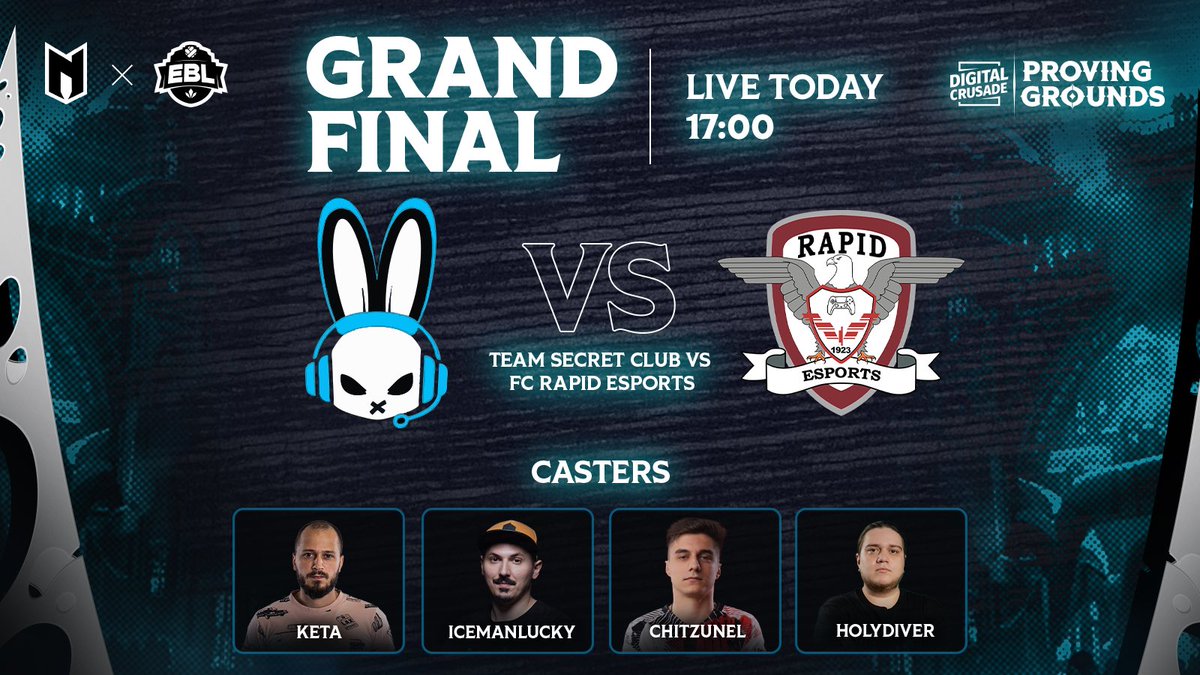 Astăzi e ziua cea mare! Începând cu ora 17:00, vă așteptăm la Main Event-ul Proving Grounds, unde vom afla campioana României și echipa care ne va reprezenta în playoff-ul EBL!

LIVE de la ora 17:00 pe:
 youtube.com/@ketaminol7777
 youtube.com/@Chitzunel
 twitch.tv/icemanlucky