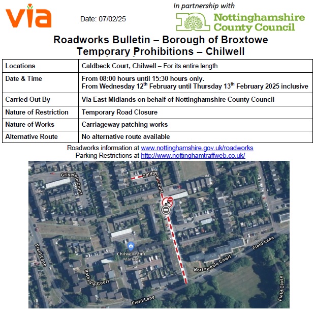Road closure for surface patching Caldbeck Court Chilwell