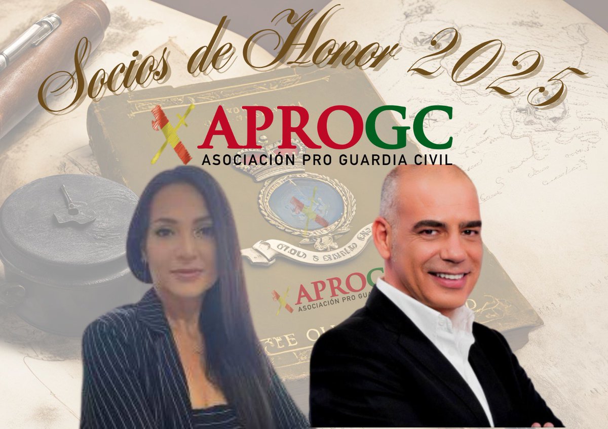 APROGC's tweet photo. 📢 @APROGC reconoce a como Socios de HONOR 2025 a @Nacho_Abad y @pilaruramos por su compromiso  y defensa de con los valores del Cuerpo y su labor de divulgación.
👏🏻 ¡Gracias por vuestro apoyo!
#APROGC #SociosDeHonor2025 #GuardiaCivil https://t.co/n4Hcub9qUk