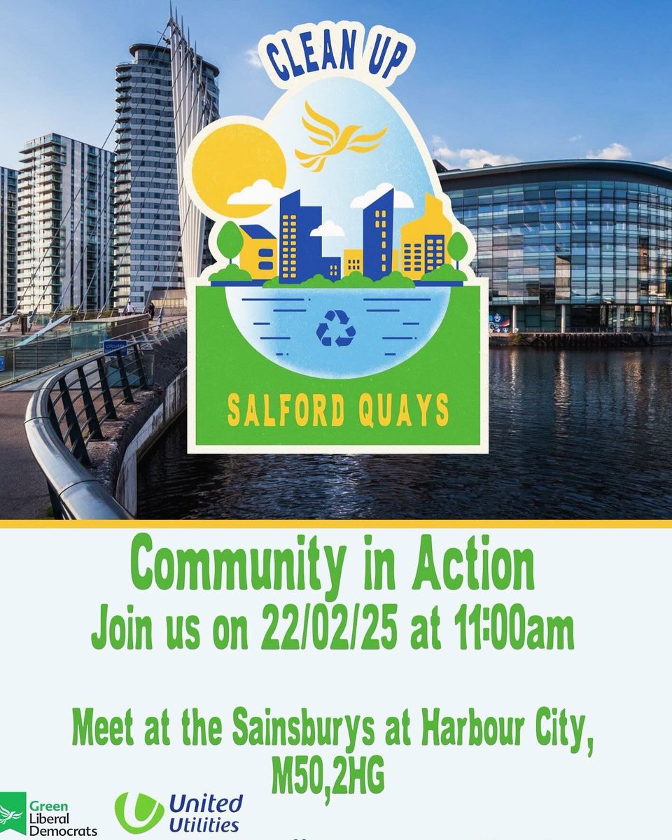 QuaysLibdem's tweet photo. 🦢🚮♻ 🦢🚮♻ 🦢🚮♻

Clean Up Salford Quays is back!

Join us on Saturday, 22nd February 2025 at 11:00 AM for a clean-up at Sainsbury’s, Harbour City, M50 2HG! 🧹🌍

Stay for as long as you can – every little bit helps! All equipment provided.

See you there!

#cleanupthequays https://t.co/FV9vIBoOCr