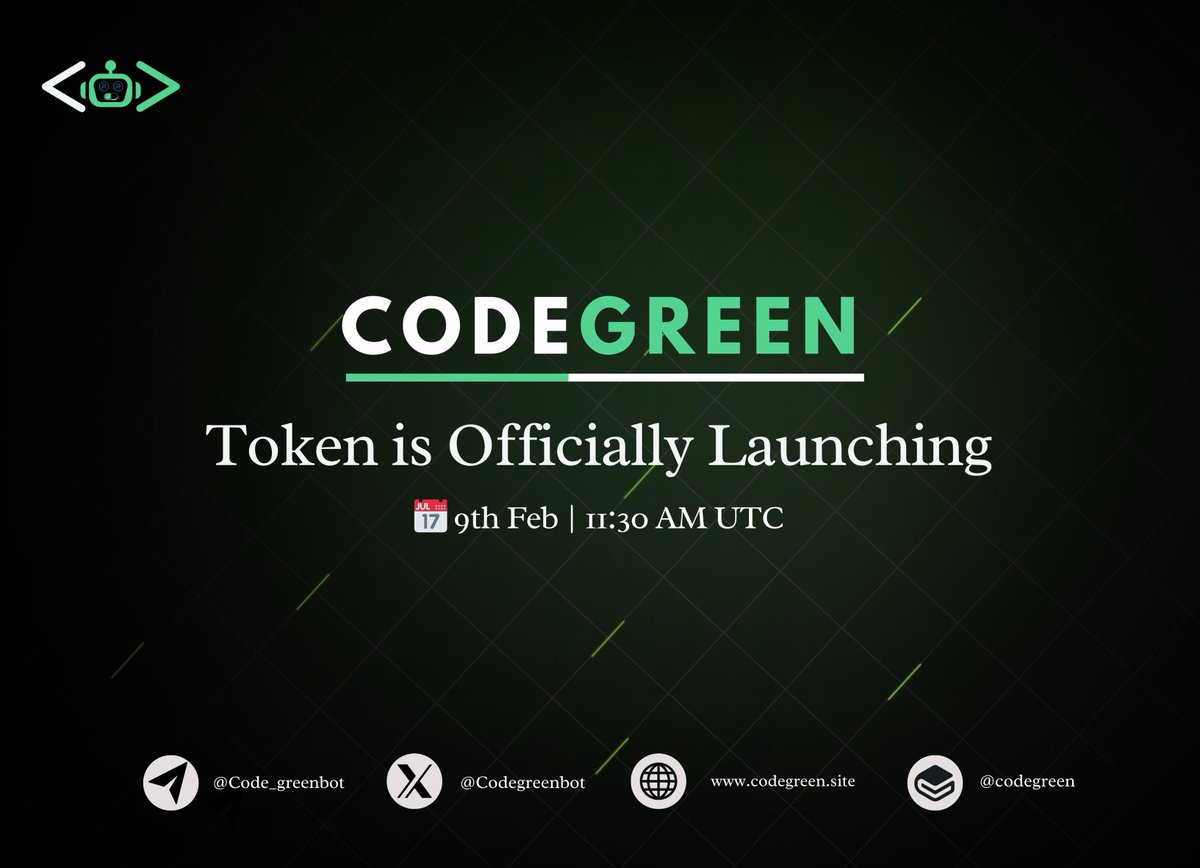codegreenbot's tweet image. 🚨 FINAL COUNTDOWN 🚨
CodeGreen Token is officially launching in 15 minutes!
Be ready to trade, earn, and dominate with the fastest & lowest fee AI-powered bot on Solana!
📅 9th Feb | 11:30 AM UTC
🔗 codegreen.site
#CodeGreen #CryptoTrading #Solana #AITradingBot…
