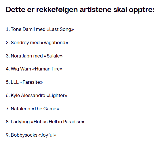 🇳🇴 TV 2 reports that NRK has released the running order for the Melodi Grand Prix 2025 final.
