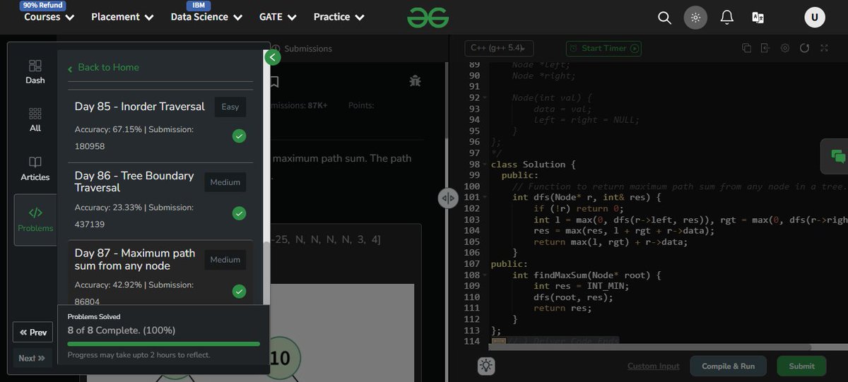 UdayIge's tweet image. #GfG160: 160 days of problem-solving! 🚀

✅ Day 87: Maximum path sum from any node done.

#geekstreakchallenge
#geekstreak2024 #gfg160

@geeksforgeeks