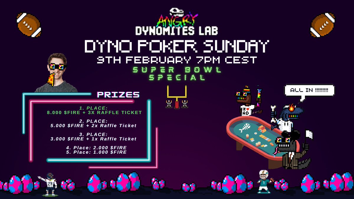 AngryDynomites's tweet photo. 🏈🃏DYNO POKER SUNDAY - SUPER BOWL SPECIAL 

Get ready for today’s @SuperBowl (Poker Special): Philadelphia @Eagles vs. Kansas City @Chiefs 

🚀As we gear up for the final @NFL showdown today, we are  hosting our next Dyno Poker Special - featuring extra rules and a boosted prize pool! 
🍀May your favourite team bring you luck at the table and lead you to victory! 

🗓️Poker Start: 9th, February '25 - 7PM CEST
🗓️Super Bowl Start: 10th, February '25 - 0:30AM CEST
