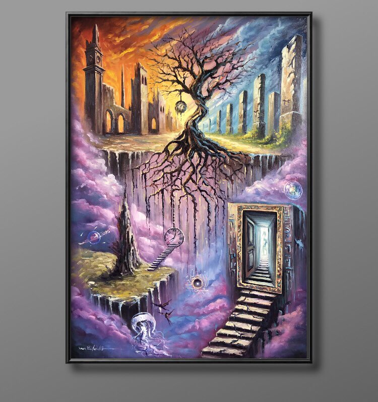 iman_poorfarokh's tweet photo. This painting invites you on a journey beyond time and space. A tree, whose roots connect two worlds, holds the secret of the past and the future. Clocks that devour time, doors opening into the unknown, a staircase leading to eternity…
#surreal #surrealism #surrealart #dream https://t.co/Kjr62GRiJY