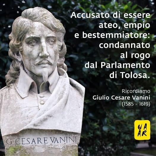UAAR_it's tweet photo. Il #filosofo Giulio Cesare #Vanini è un precursore del pensiero illuminista: con opere ritenute finte apologie del cristianesimo attira l'Inquisizione. Arrestato a Tolosa, viene condannato al rogo per #blasfemia dal Parlamento locale il 9 febbraio 1619. 👇
https://t.co/FvKIfBsr2q https://t.co/Qad1zUdsNZ