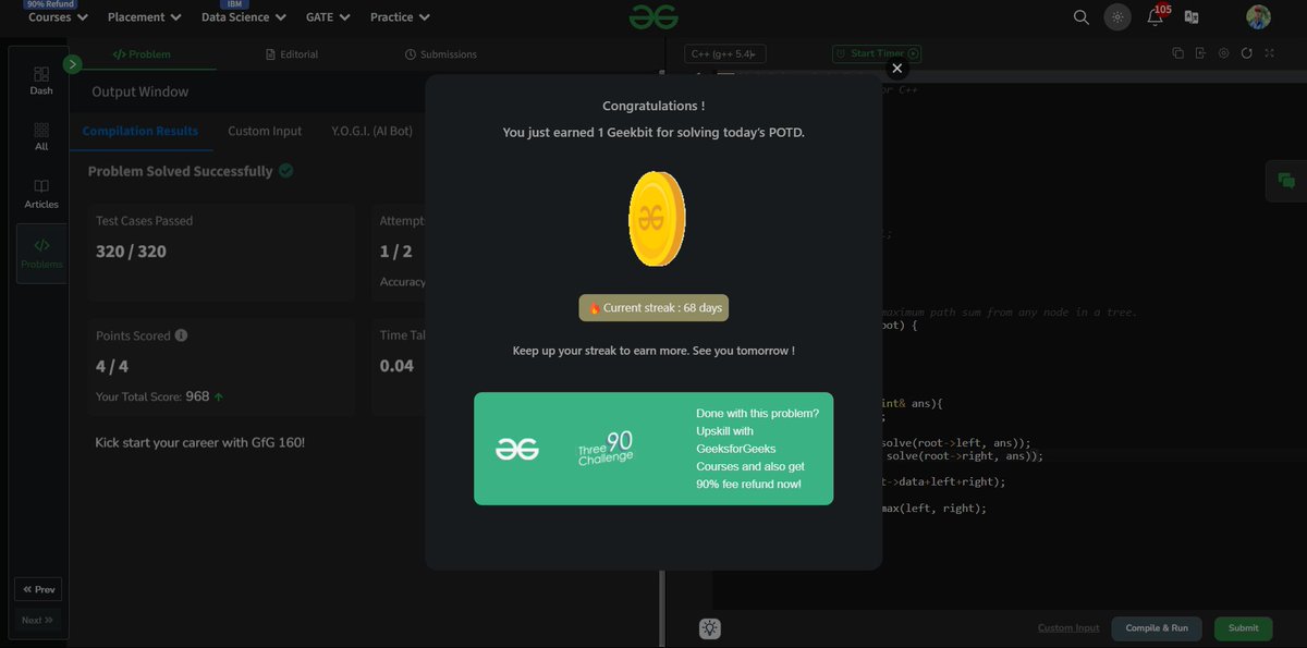 khushalmajoka's tweet image. Day 87 of #geekstreak2024

🔹 Max Path Sum (Any Node to Any Node)
🔹 Approach: Recursively compute max sum at each node, considering left &amp;amp; right subtrees.
🔹 TC: O(N), SC: O(H)
#gfg160 #BinaryTree #DSA
