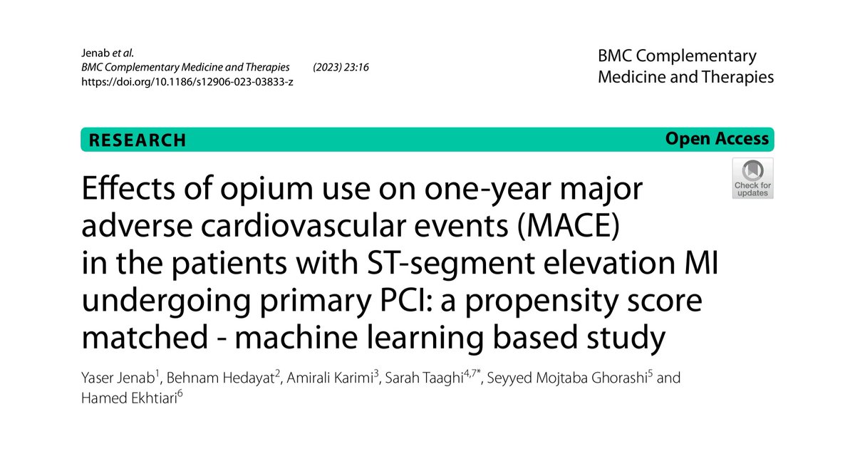 #Opium use showed no protective effect on 1-year heart events post-PCI in #STEMI patients. Machine learning hinted at possible harm, but wasn't significant. #cardiology #MACE pubmed.ncbi.nlm.nih.gov/36658513