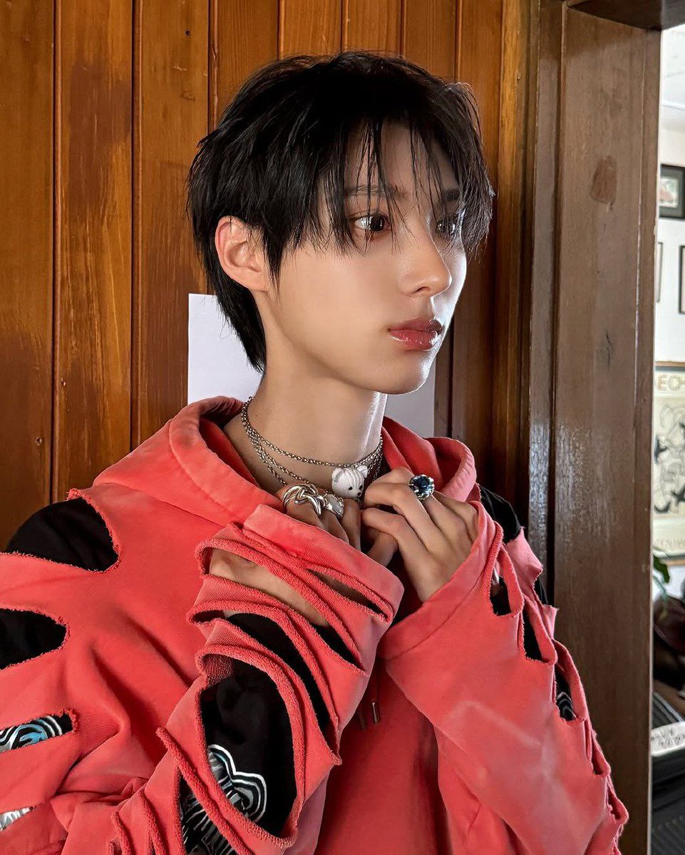 With an endearing throwback vibe, the model rocks a distinctively shaped red hoodie. Elegant silver accessories complement the sleeves' cutout elements, which represent freedom. His intense stare conveys a tale of courage, elevating this style to the level of bold artistic.
