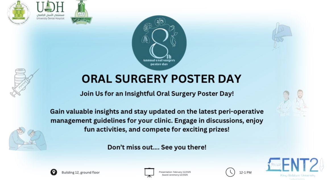 يدعوكم قسم جراحة الفم والوجه والفكين بـ #كلية_طب_الأسنان لحضور الفعالية السنوية لطلاب وطالبات السنة الخامسة "اليوم الثامن لملصقات جراحة الفم والوجه والفكين" في الفترة من ١١-١٢ فبراير ٢٠٢٥م، يدور محور الملصقات العلمية حول الأمراض المزمنة و علاقتها بطبيب الاسنان #Dent21
