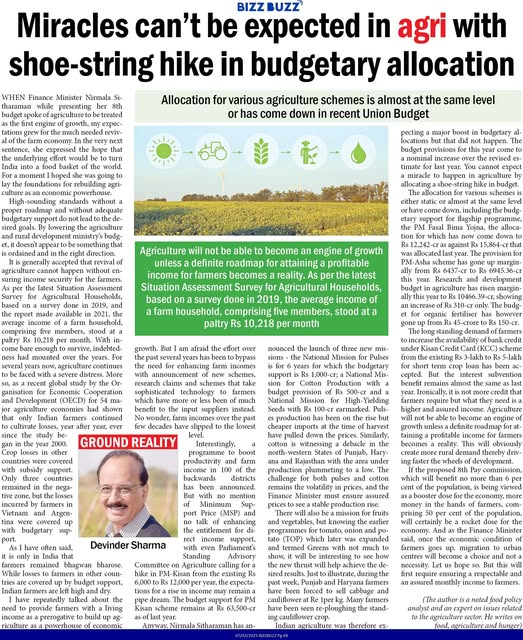 Devinder_Sharma's tweet image. With farm sector budget remaining a little over 3% of the total budget, only a miracle can catapult agriculture to turn into an engine of growth. My article