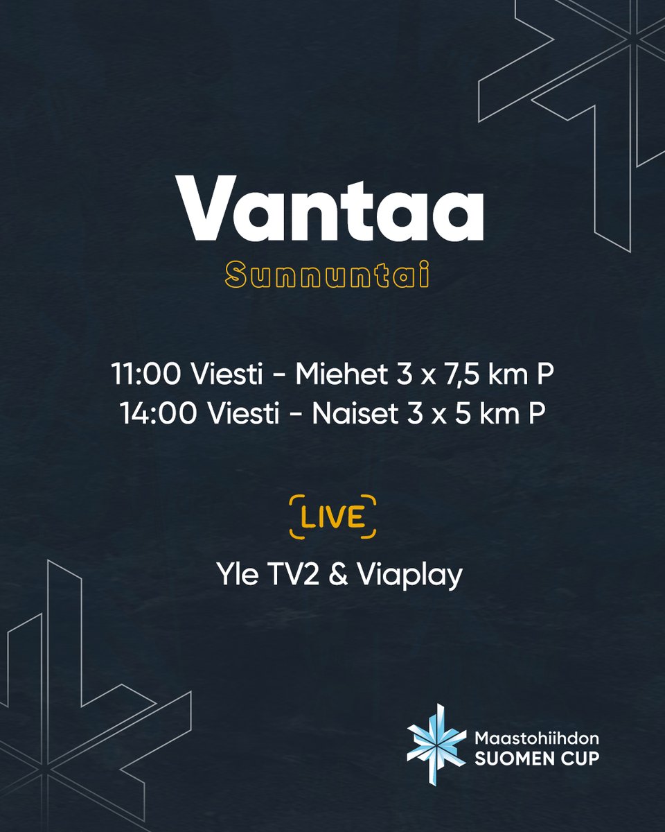 Vantaalla jatketaan perinteisen hiihtotavan viesteillä. Jaossa tärkeitä viesticupin pojoja! 

📺 Yle TV2 &amp; Viaplay
📊 live.time4results.com/hiihto/2025/va…
👥 extime.fi/kisasivut/vant…
ℹ️ linktr.ee/hiihdonsuomenc…

#hiihdonsuomencup #näytönpaikka #hiihto