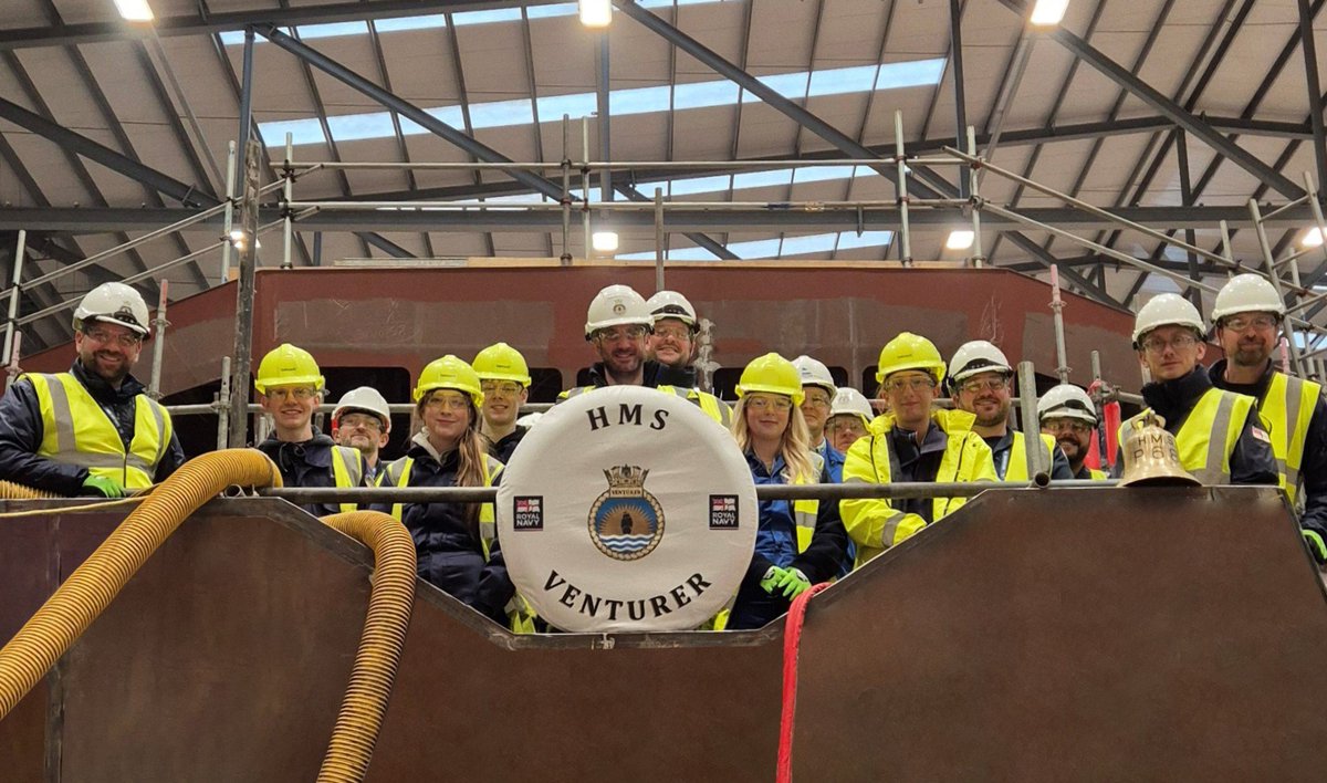HMSVenturerRN's tweet image. 80 years ago today, the crew of submarine HMS Venturer made history. We commemorated the action on board this week with colleagues from @Babcockplc (and also spot the submarine's bell). Read more about this inspiring story of technology and innovation👇 royalnavy.mod.uk/news/2025/febr…