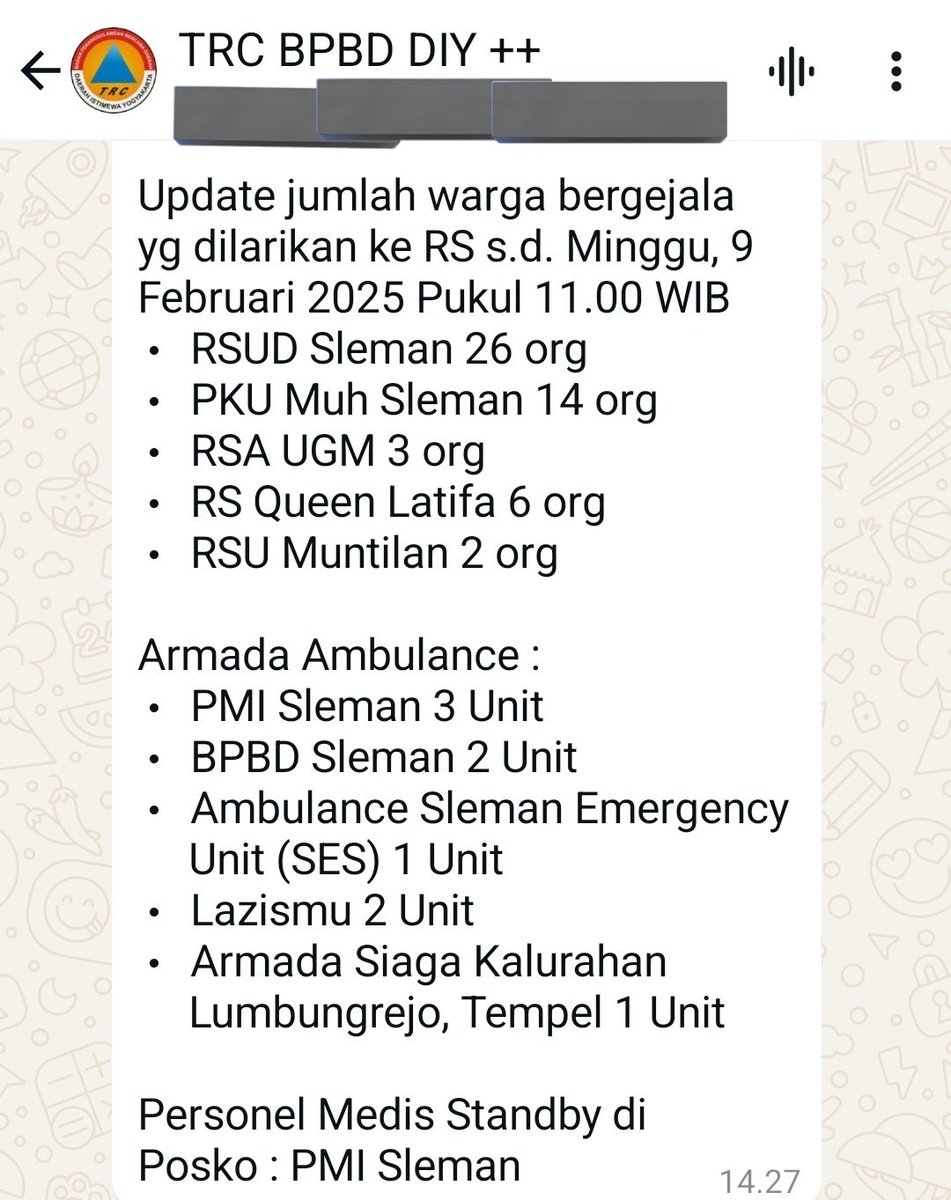TRCBPBDDIY's tweet photo. Laporan KLB Minggu Pahing 9/2 pkl 07.00 sejumlah warga Kraksan, Lumbungrejo, Tempel dilaporkan keracunan setelah seblumnya menghadiri pesta hajatan sabtu malam 8/2. Posko penanggulangan sudah dibuka oleh Puskesmas setempat, @BPBD_Sleman, dan PMI sleman. 🙏👨‍🚒🇮🇩 https://t.co/cCBUjWCYPF