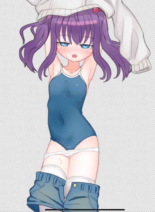 ステータス画面の水着差分を描いてるけど通常私服と組み合わせると中に水着着てるみたいになってえっちだ 