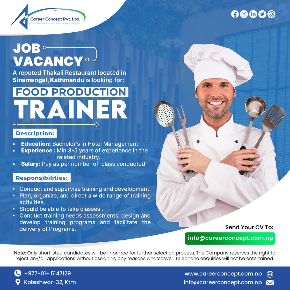 career_concept_'s tweet photo. We Are Hiring!!
Send your CV at: info@careerconcept.com.np
..
..
#jobsearch #HotJob #hiringnow #nowhiring #jobseekers #jobsearch #jobhunt #careerchat #jobposting #jobhuntchat #recruiting #careers #careerchange #dreamjob #freelancer #hiringnow #jobsearching #Unemployed #needajob https://t.co/auCWmXDxtg