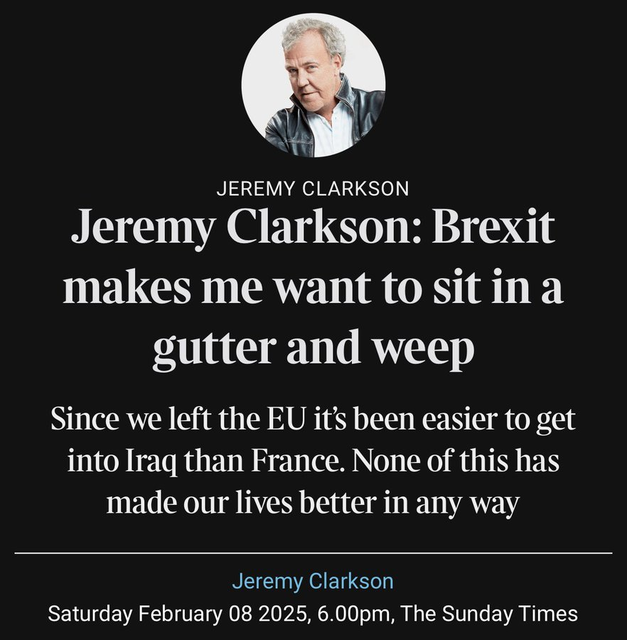 dave43law's tweet photo. Ok - another headline not on the Feb 2025 bingo card.
Has Clarkson fallen and hit his head or just had an epiphany? https://t.co/3pmMhmdDuu