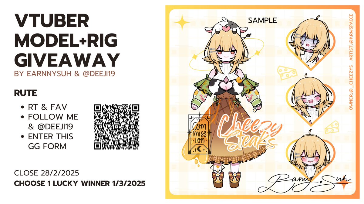krwspacce's tweet photo. Vtuber Model+Rig Giveaway By Earnnysuh &amp; deeji19✨
มาแจกโมเดลวี+ริกฟรีคับ

Rute✨
1. Rt &amp; Fav this tw
2. Follow me &amp; @deeji19
3. enter this gg form
https://t.co/D9d5PGvjTF

close form 28/2/2025
choose 1 lucky winner 1/3/2025

โชคดีน้าค้าา
#Vtuber #vtuberTH #artraffle #Giveaway https://t.co/APwgBGncjK