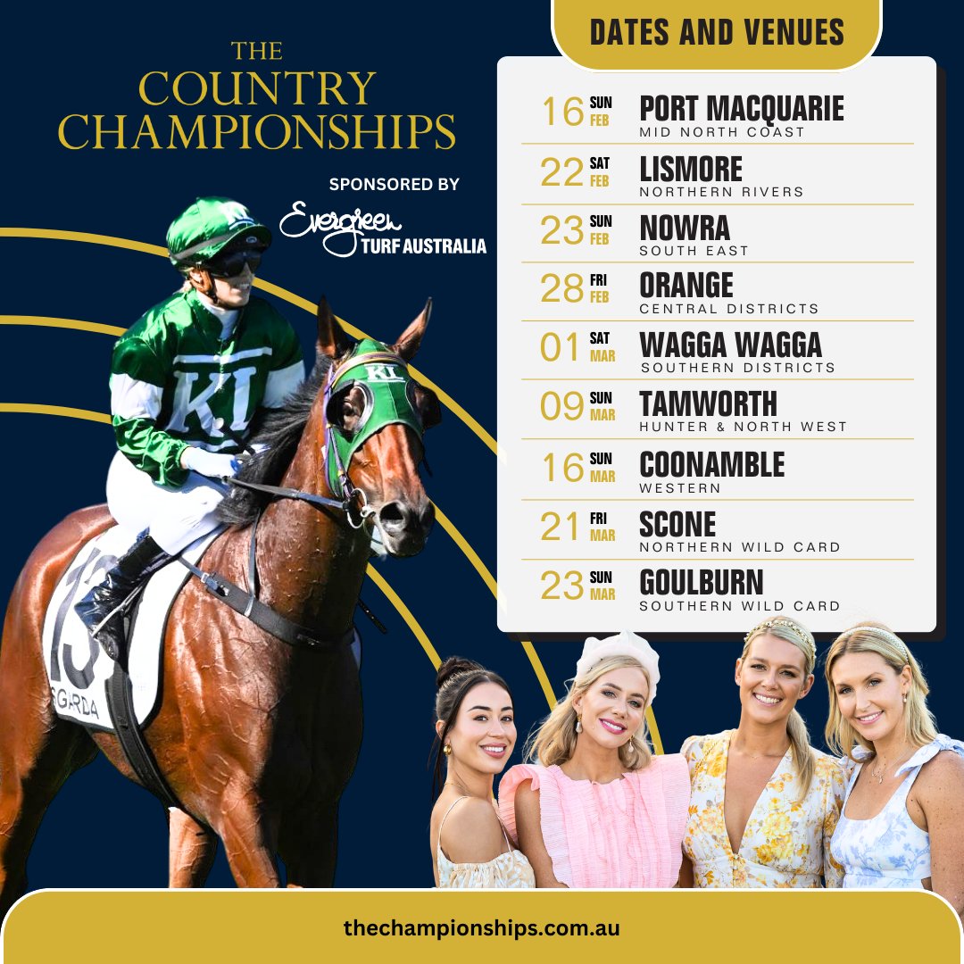 Who's excited for the 2025 Evergreen Turf Country Championships🤠series?! It all begins next Sunday at Port Macquarie and works its way across NSW until we have 16 horses to compete in the $1 million Final at Royal Randwick on April 5. 👇