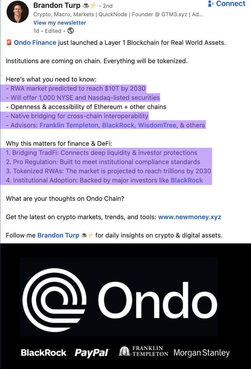 Crypto_Brooo's tweet photo. At $ONDO Summit there was one key point revealed that brings tons of anticipation.

This is none other than ONDO CHAIN

Ondo's very own RWA Tokenization focused L1 network will soon be coming to life! https://t.co/qW5xAse66w