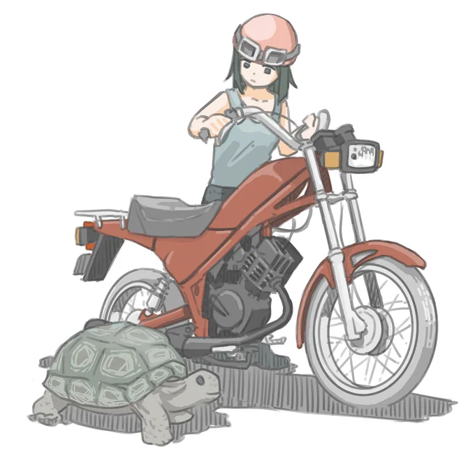 近所の動物園から逃げ出したゾウガメを発見した女子です。 (ホンダ ラクーン)【再掲】 #バイクJK #イラスト
