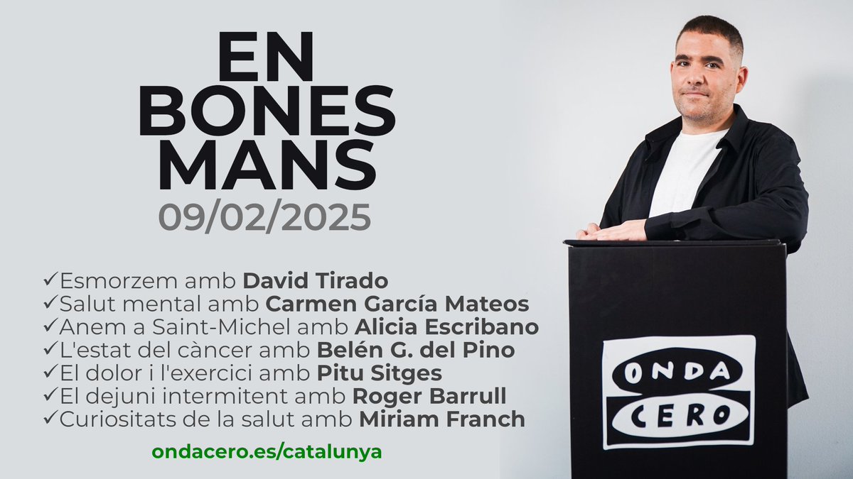 Onda Cero Catalunya (@ondacero_cat) on Twitter photo Ja pots escoltar el programa #EnBonesMans d'aquest diumenge 9 de febrer, amb <a href="/robert_calvo/">Robert Calvo</a>. Fem salut des de la ràdio!
🎙️Juan Pablo Horcajada, <a href="/hospitaldelmar/">Hospital del Mar</a>
🎙️Ricard Mesía, <a href="/FundacionTTCC/">FETTCC Fundación E. Tto. Tumores Cabeza y Cuello</a>
🎙️Jacobo Sellarés, <a href="/hospitalclinic/">Hospital Clínic</a>
🔊 ondacero.es/emisoras/catal… Ja pots escoltar el programa #EnBonesMans d'aquest diumenge 9 de febrer, amb <a href="/robert_calvo/">Robert Calvo</a>. Fem salut des de la ràdio!
🎙️Juan Pablo Horcajada, <a href="/hospitaldelmar/">Hospital del Mar</a>
🎙️Ricard Mesía, <a href="/FundacionTTCC/">FETTCC Fundación E. Tto. Tumores Cabeza y Cuello</a>
🎙️Jacobo Sellarés, <a href="/hospitalclinic/">Hospital Clínic</a>
🔊 ondacero.es/emisoras/catal…