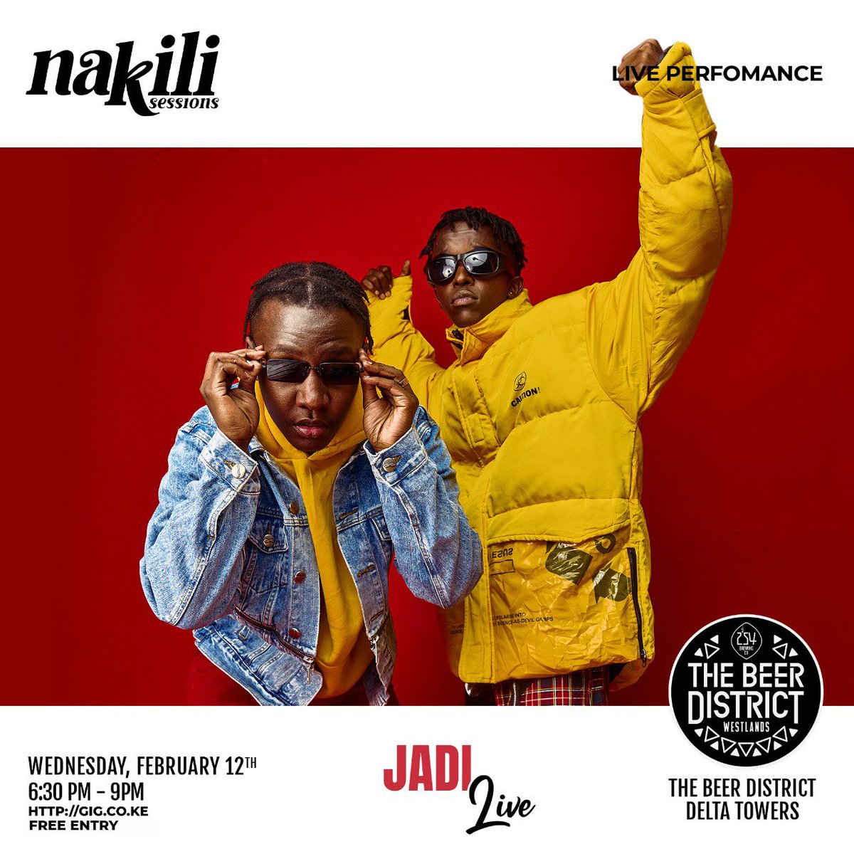 <a href="/jadikenya/">RealJadi</a> will be performing live at The Beer District this Wednesday for Nakili Sessions and the best part? Entry is FREE! 🕺🏽 Come, let's vibe with the boy band duo 🎙 

#kakaempireisthelifestyle #itajipa #goodvibes