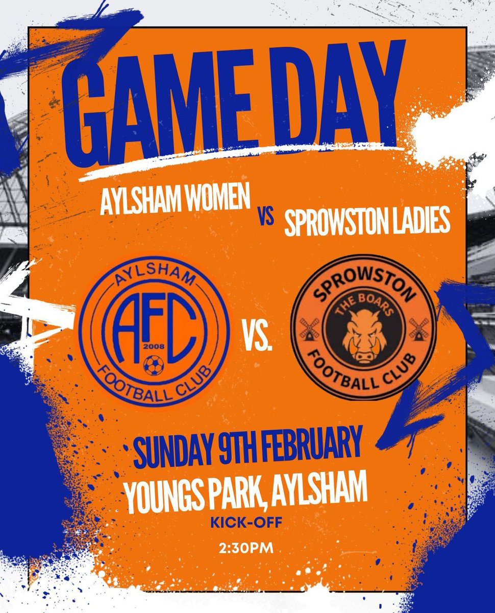 🧡💙MATCH DAY🧡💙

This afternoon we’re back in league action, we host <a href="/SprowstonLadies/">Sprowston FC Womens</a> 

📆- Sunday 9th February 
📍 - Youngs Park, Aylsham 
⏰- 2:30pm KO
🏟️ - 3G JB Postle Arena
☕️-Refreshments available 
🐾-No dog site
🤝-Sponsored by <a href="/bluebellsmh/">BluebellsMH</a>