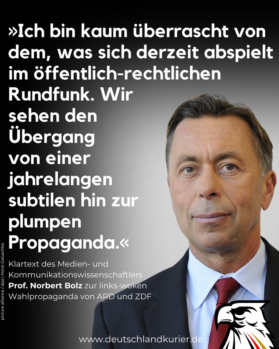 Deutschland Kurier (@deu_kurier) on Twitter photo „Ich bin kaum überrascht von dem, was sich derzeit abspielt im öffentlich-rechtlichen Rundfunk. Wir sehen den Übergang von einer jahrelangen subtilen hin zur plumpen #Propaganda.“
Klartext des Medien- und Kommunikationswissenschaftlers Prof. <a href="/NorbertBolz/">Norbert Bolz</a> zur links-woken „Ich bin kaum überrascht von dem, was sich derzeit abspielt im öffentlich-rechtlichen Rundfunk. Wir sehen den Übergang von einer jahrelangen subtilen hin zur plumpen #Propaganda.“
Klartext des Medien- und Kommunikationswissenschaftlers Prof. <a href="/NorbertBolz/">Norbert Bolz</a> zur links-woken
