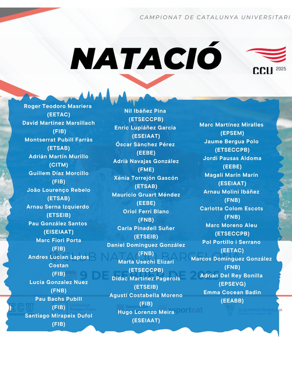 #CCU25 |💙🏊‍♀️ Bon diumenge!Avui els nostres nedadors i nedadores de <a href="/la_UPC/">Universitat Politècnica de Catalunya (UPC)</a> competeixen al #CCU de Natació 2025 al 📍<a href="/CNBARCELONA/">CNBARCELONA</a> 🌊🔥 
Molta força a tots els que representeu la nostra #upc a l’aigua! 🦾💪 

Som-hi, #UPC! 🚀💦

#EsportsUPC  <a href="/esportcatuni/">Esport Universitari</a> <a href="/ETSEIB_UPC/">ETSEIB</a> <a href="/FNB_UPC/">Facultat de Nàutica</a>