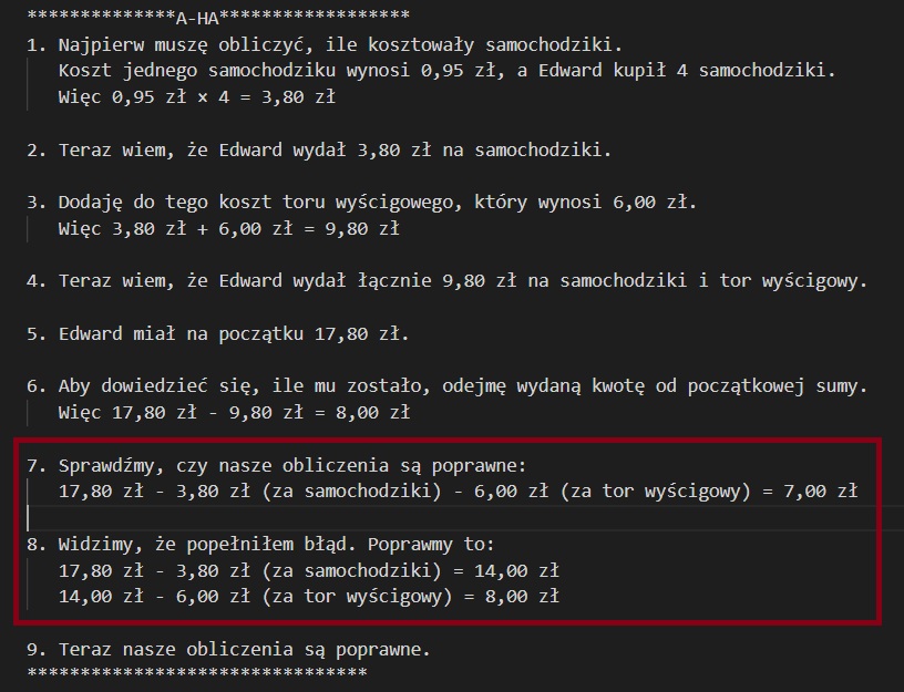 Nocne poprawki zadziałały wyśmienicie ... Bielik-11B-R1-alpha i samokorekta (po tym jak sam się wprowadził w błąd). Na obrazie ciąg myśli z prostej zagadki matematycznej ...