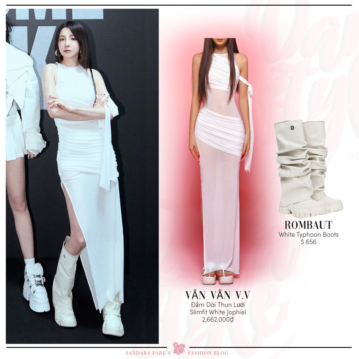 DaraStyle_'s tweet photo. [Spotted] #DARA at 2NE1 'WELCOME BACK' Concert in Taipei, Taiwan, wearing:

#VANVANVV Đầm Dài Thun Lưới Slimfit White Jophiel
#ROMBAUT White Typhoon Boots
-
#SandaraPark #산다라박 #다라 https://t.co/w7MmUC1Q4O