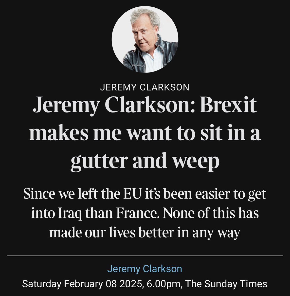 We agree wholeheartedly with Oxfordshire resident Mr Clarkson!

Tory Brexit has ruined the country. We need to start with a Customs Union with the EU - now!