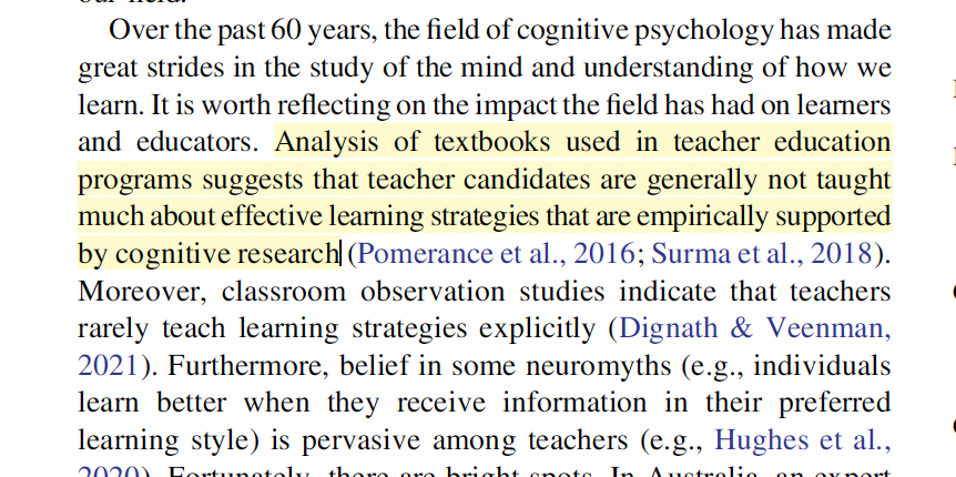 Retrieval practice, interleaving, pretesting, and spaced learning are very effective strategies but not used enough in classrooms because teachers are "generally not taught much about effective learning strategies." psycnet.apa.org/fulltext/2025-…