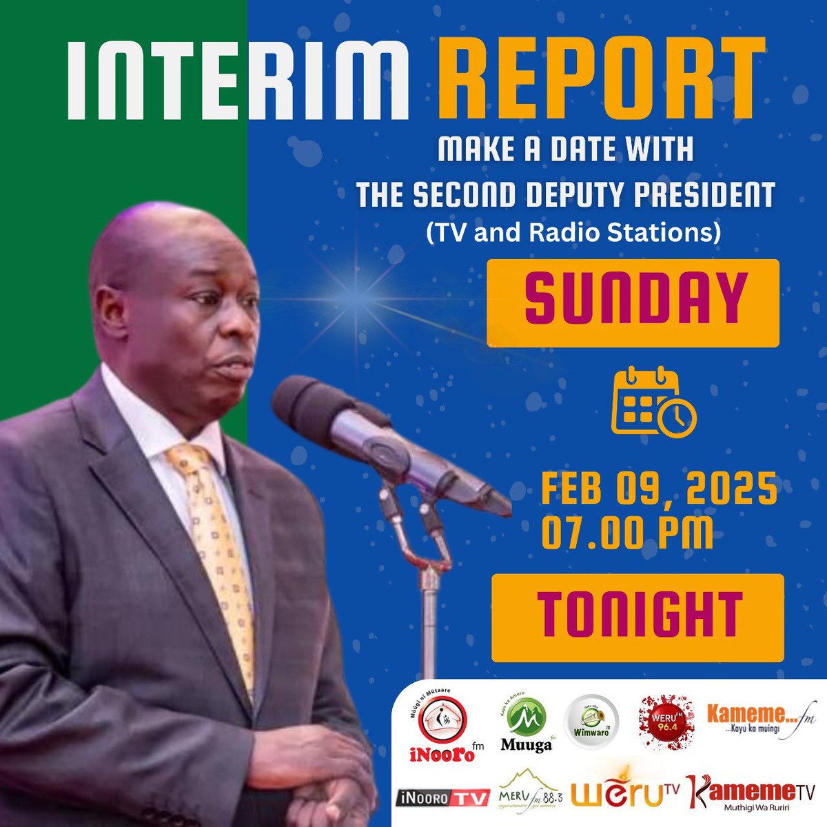 Tonight our engagement is a joint media interview to give an interim report of the various consultations we have held.

Please join us from the comfort of your home, from 7pm. 

Blessed Sunday fellow Kenyans.