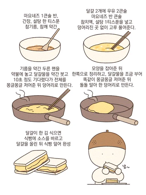 보들보들한 달걀샌드위치
타마고산도라고 하죠? 전에 먹어봤는데
와사비마요를 주로 쓰더라구요, 전 그 맛이 달걀이랑 썩 어울리는거 같지 않아서 다른 소스를 만들어 썼어요. 꼬소하니 맛있었어요ㅎㅎ 달걀말이 보단 복잡하지 않게 만드는 달걀이니 불조절만 잘하면 된답니다🍳 
